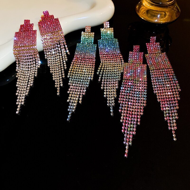 Exaggerated Colorful Moissanite Diamonds Drop Vibrant Tassel Chain Dangle Earrings | Mix Mix Style [Hot Seller]-Mix MIx Style