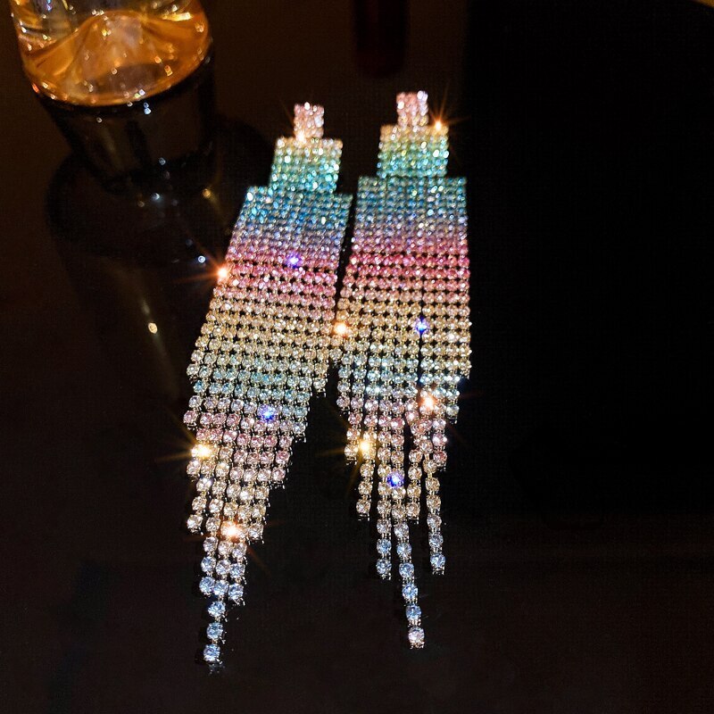Exaggerated Colorful Moissanite Diamonds Drop Vibrant Tassel Chain Dangle Earrings | Mix Mix Style [Hot Seller]-Mix MIx Style