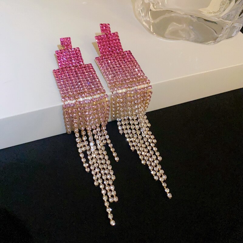 Exaggerated Colorful Moissanite Diamonds Drop Vibrant Tassel Chain Dangle Earrings | Mix Mix Style [Hot Seller]-Mix MIx Style