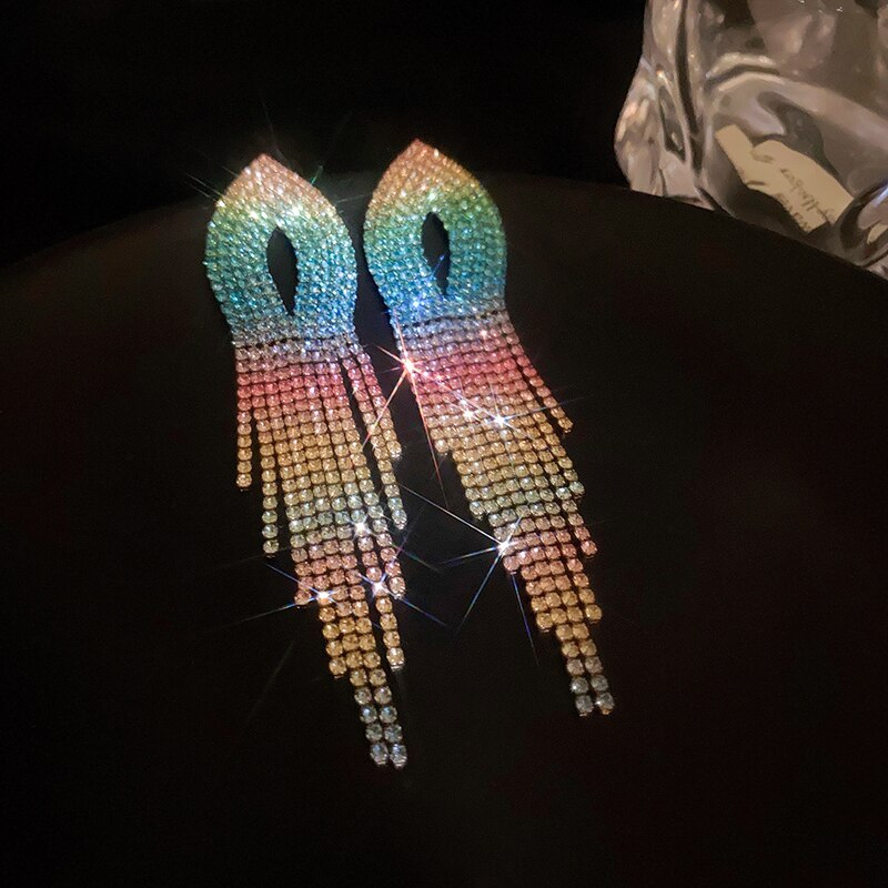 Exaggerated Colorful Moissanite Diamonds Drop Vibrant Tassel Chain Dangle Earrings | Mix Mix Style [Hot Seller]-Mix MIx Style