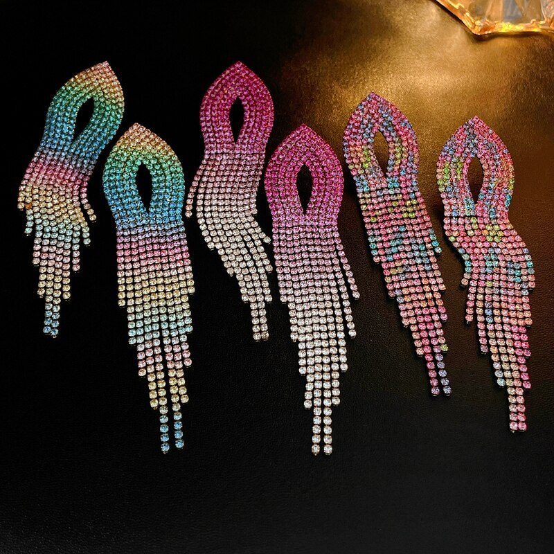 Exaggerated Colorful Moissanite Diamonds Drop Vibrant Tassel Chain Dangle Earrings | Mix Mix Style [Hot Seller]-Mix MIx Style
