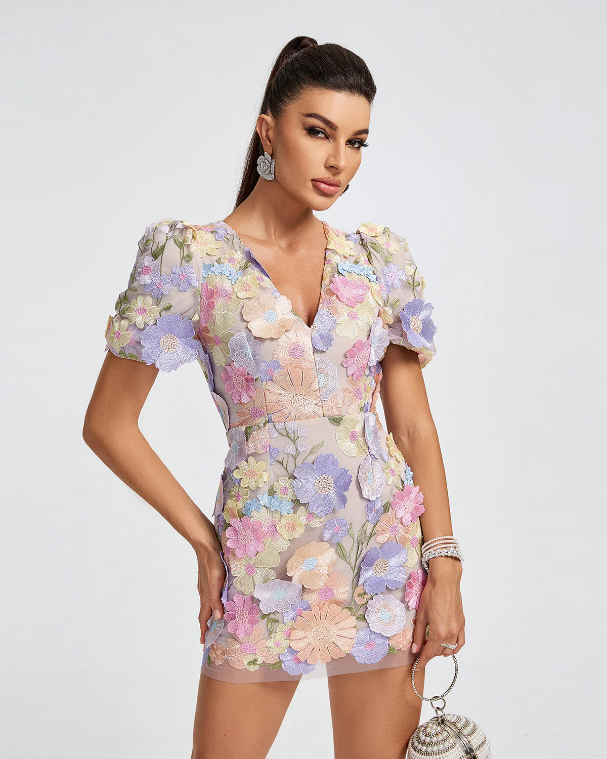 purple embellished v-neck short sleeves Lace 3D Floral summer date Mini Dress | Mix Mix Style