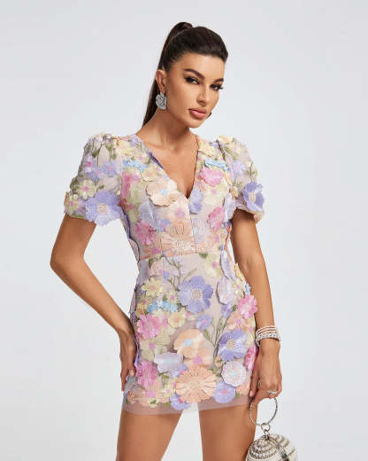 purple embellished v-neck short sleeves Lace 3D Floral summer date Mini Dress | Mix Mix Style