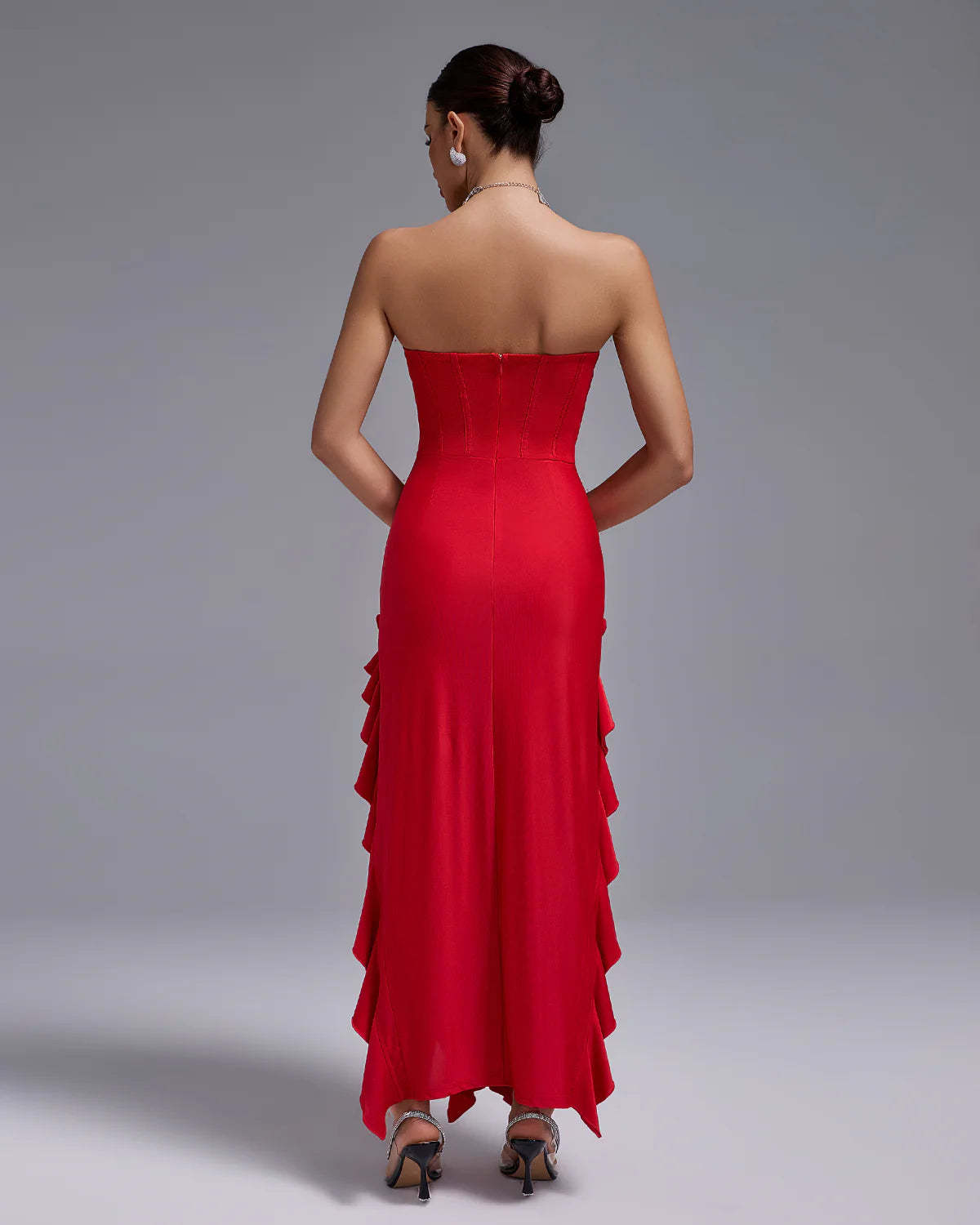 red strapless backless ruffle double slit Lace Bustier summer date Maxi Dress | Mix Mix Style
