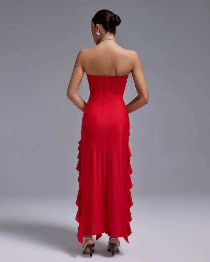 red strapless backless ruffle double slit Lace Bustier summer date Maxi Dress | Mix Mix Style