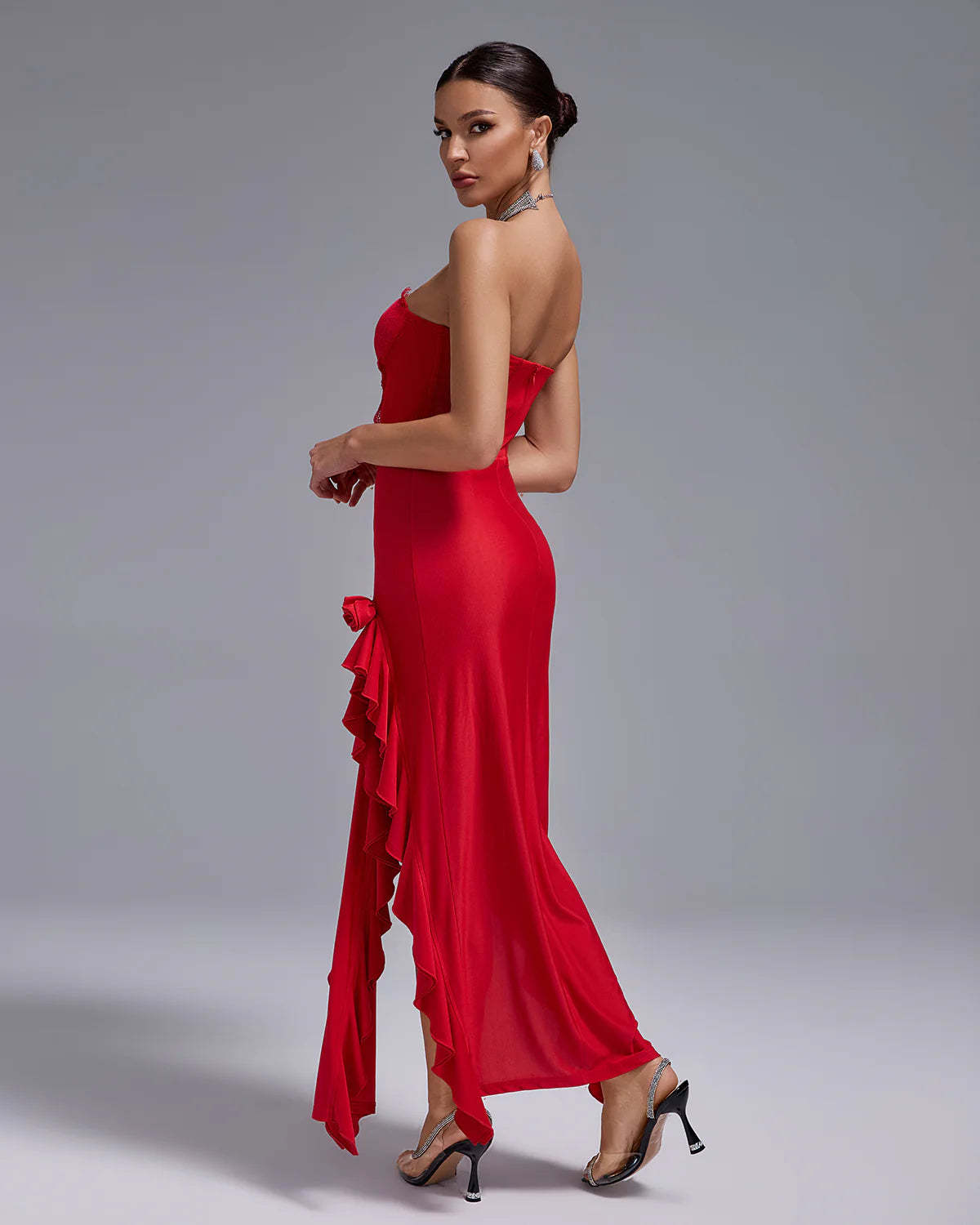 red strapless backless ruffle double slit Lace Bustier summer date Maxi Dress | Mix Mix Style