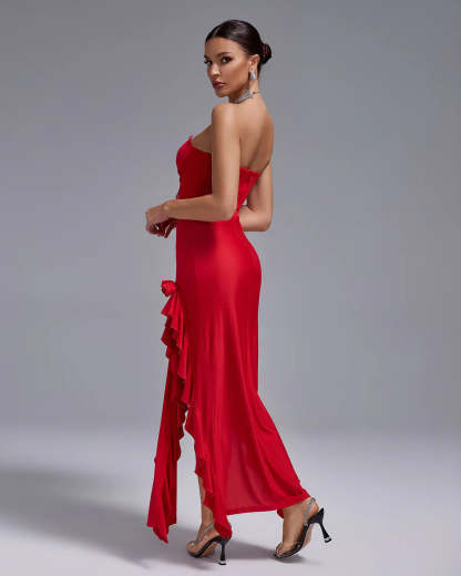 red strapless backless ruffle double slit Lace Bustier summer date Maxi Dress | Mix Mix Style