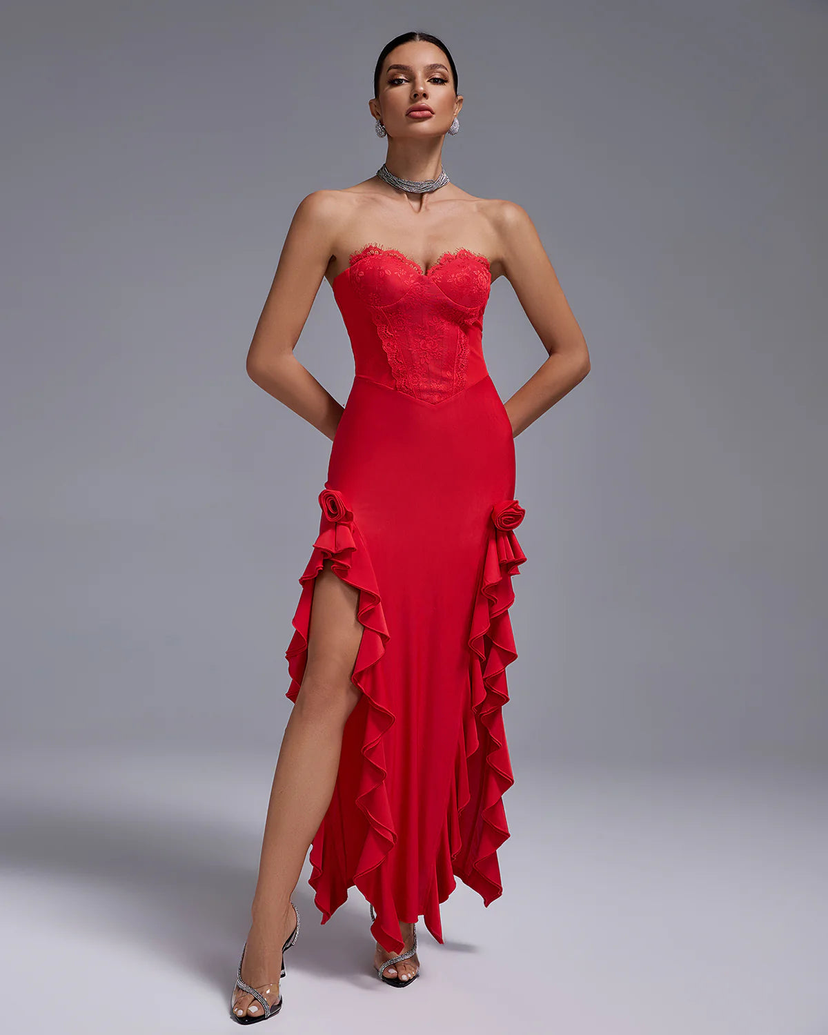 red strapless backless ruffle double slit Lace Bustier summer date Maxi Dress | Mix Mix Style