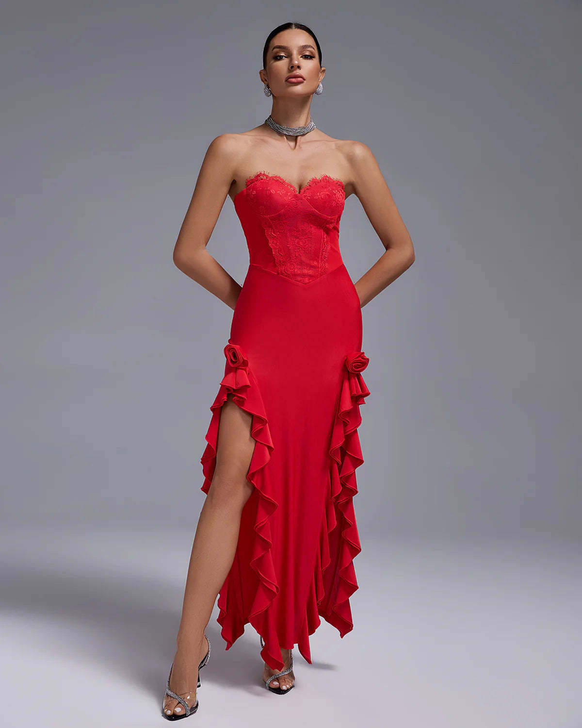 red strapless backless ruffle double slit Lace Bustier summer date Maxi Dress | Mix Mix Style-Mix MIx Style