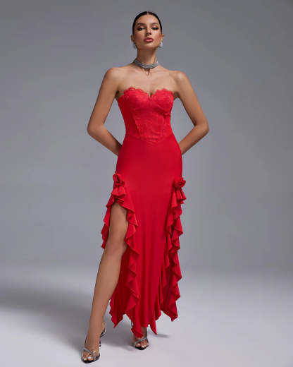 red strapless backless ruffle double slit Lace Bustier summer date Maxi Dress | Mix Mix Style