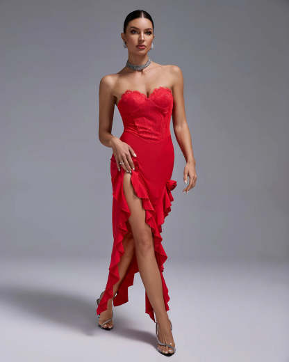 red strapless backless ruffle double slit Lace Bustier summer date Maxi Dress | Mix Mix Style