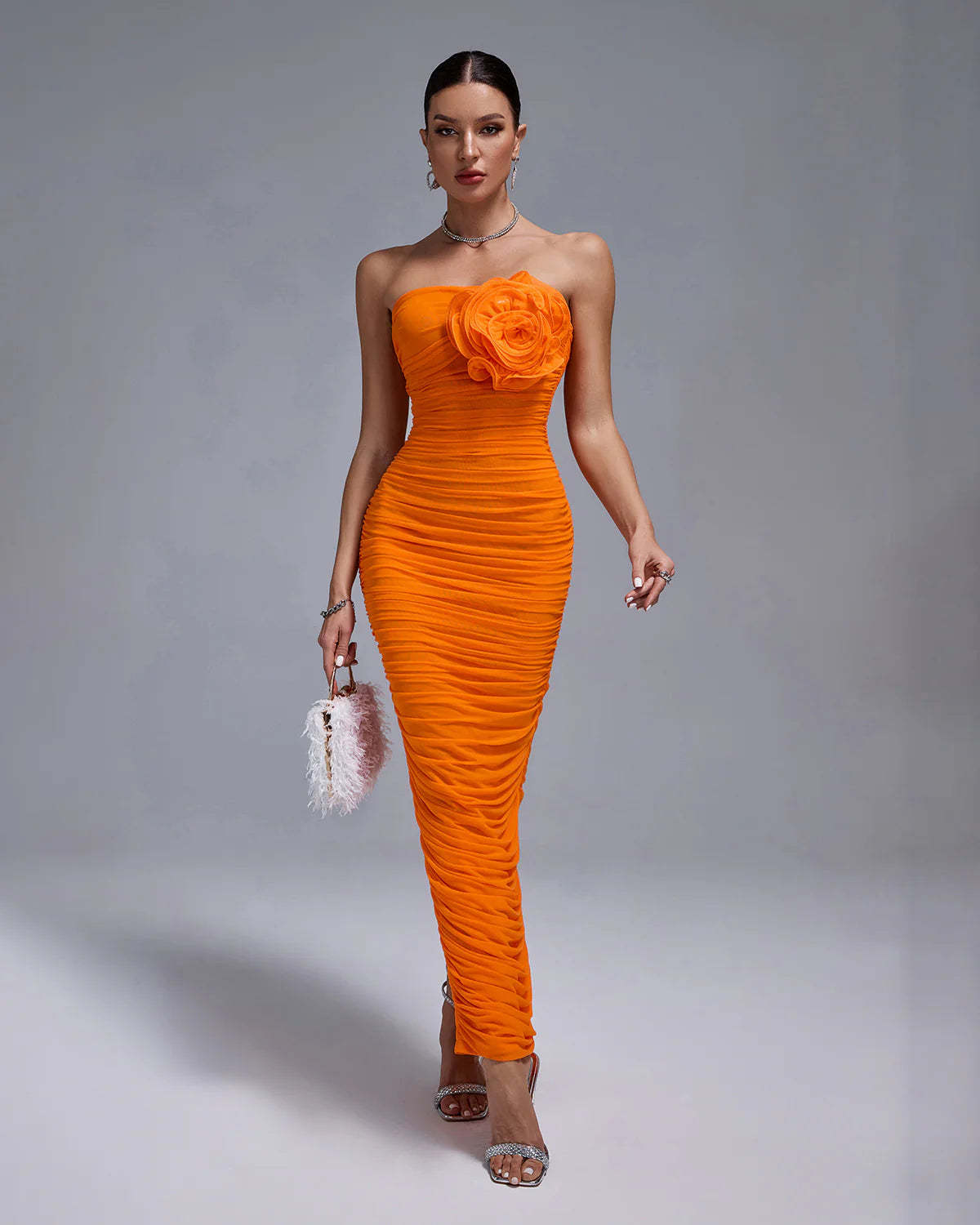 orange strapless bacless Ruched 3D back slit Flower Bodycon summer party maxi Dress | Mix Mix Style