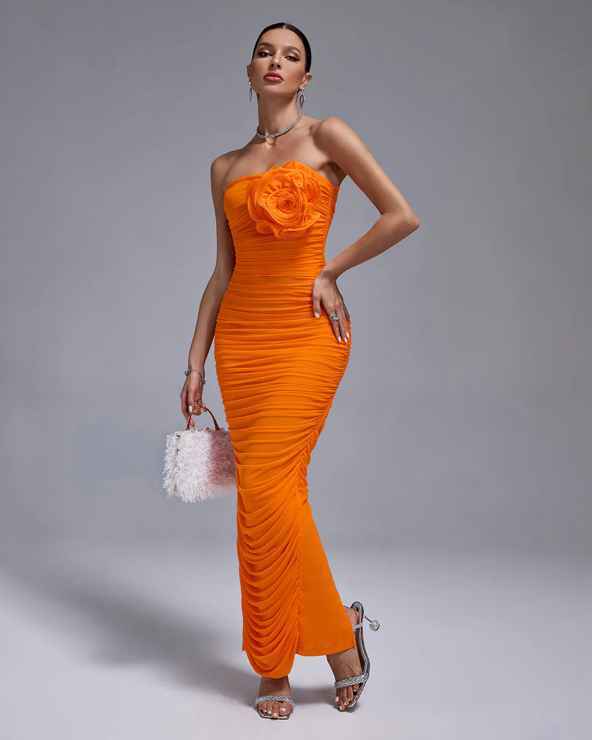 orange strapless bacless Ruched 3D back slit Flower Bodycon summer party maxi Dress | Mix Mix Style