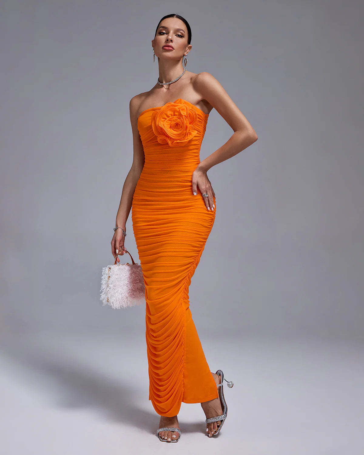 orange strapless bacless Ruched 3D back slit Flower Bodycon summer party maxi Dress | Mix Mix Style