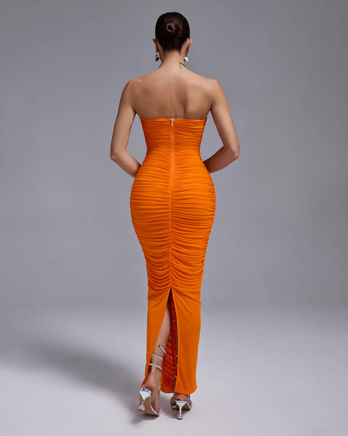 orange strapless bacless Ruched 3D back slit Flower Bodycon summer party maxi Dress | Mix Mix Style