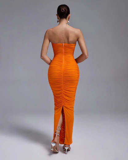 orange strapless bacless Ruched 3D back slit Flower Bodycon summer party maxi Dress | Mix Mix Style