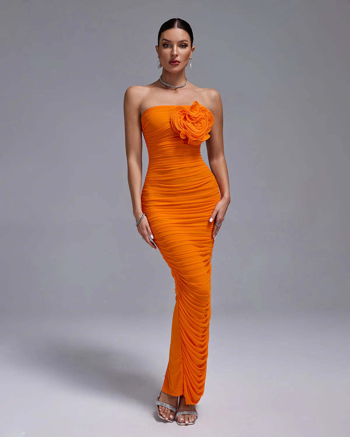 orange strapless bacless Ruched 3D back slit Flower Bodycon summer party maxi Dress | Mix Mix Style