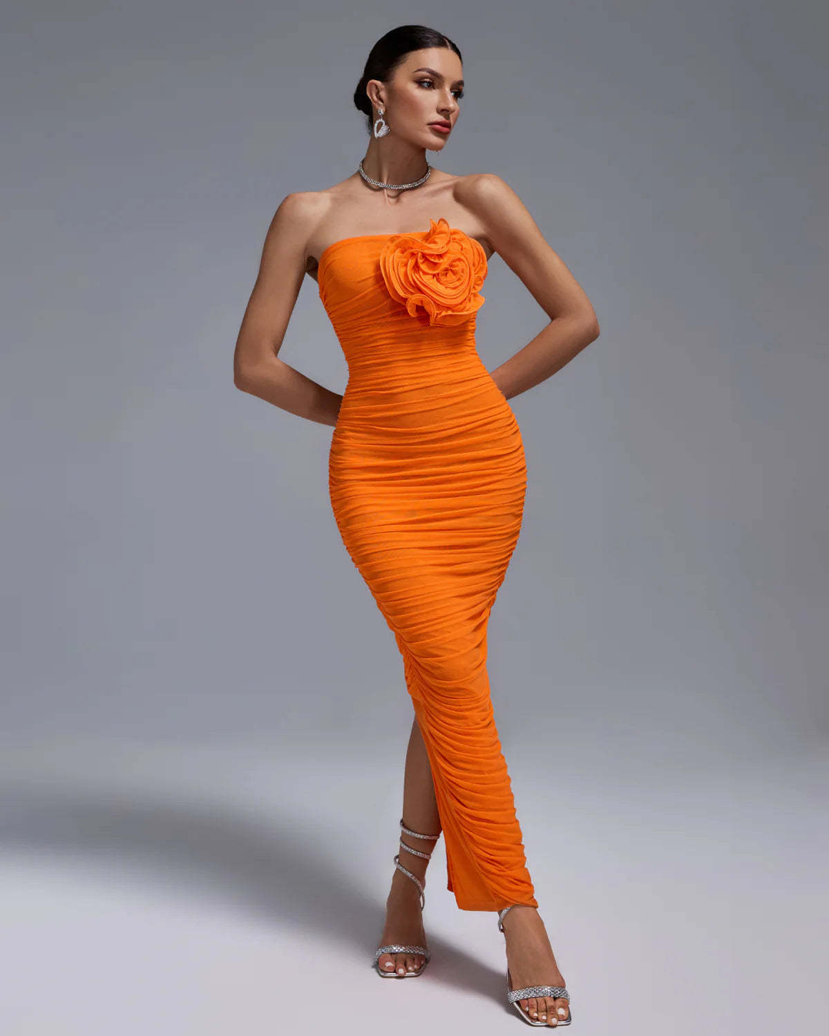 orange strapless bacless Ruched 3D back slit Flower Bodycon summer party maxi Dress | Mix Mix Style-Mix MIx Style