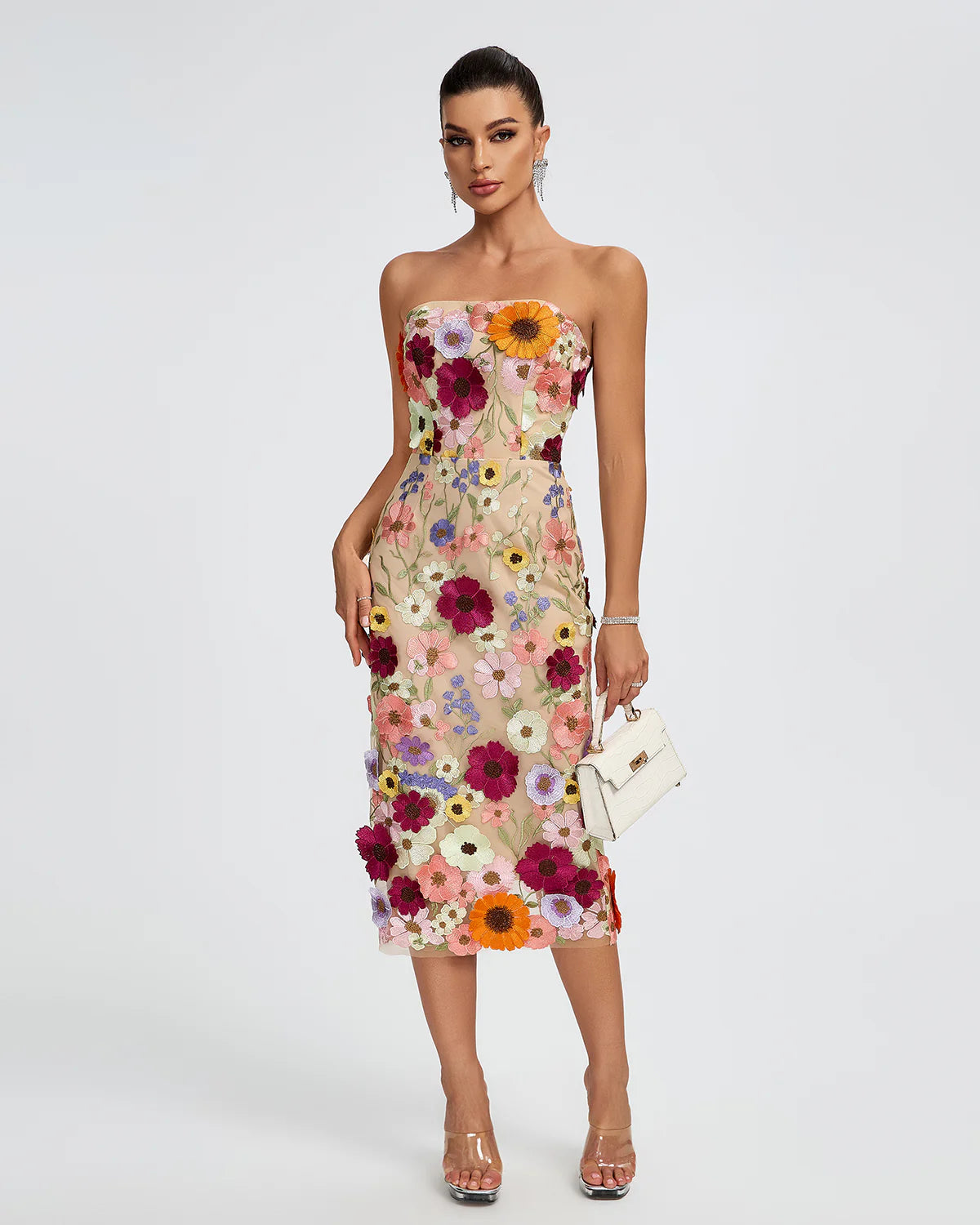 Beige Multicolor Embellished Strapless Floral Applique Summer Date Midi Dress | Mix Mix Style