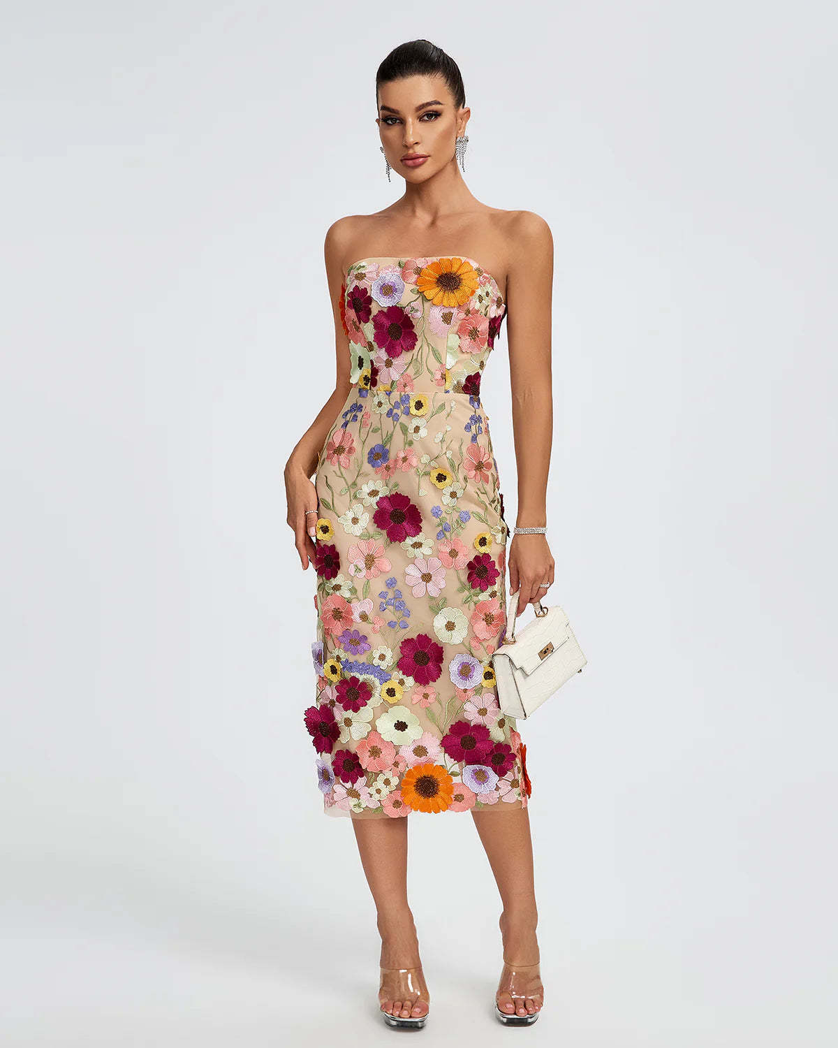 Beige Multicolor Embellished Strapless Floral Applique Summer Date Midi Dress | Mix Mix Style