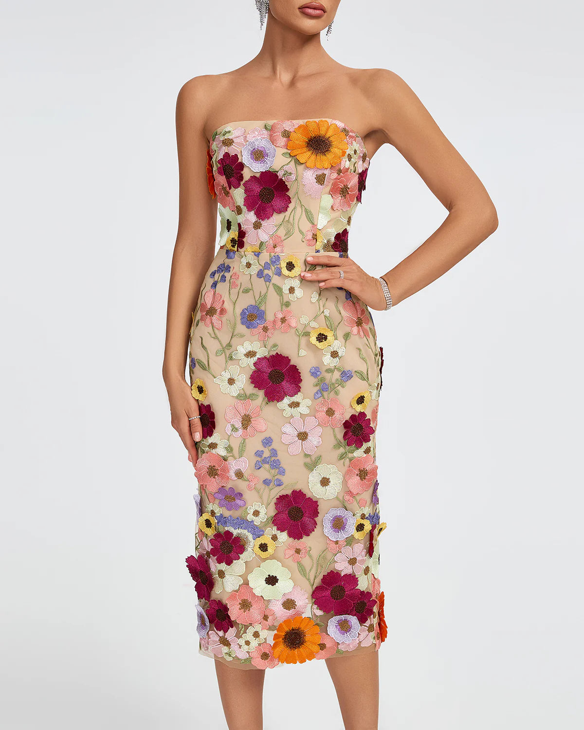 Beige Multicolor Embellished Strapless Floral Applique Summer Date Midi Dress | Mix Mix Style
