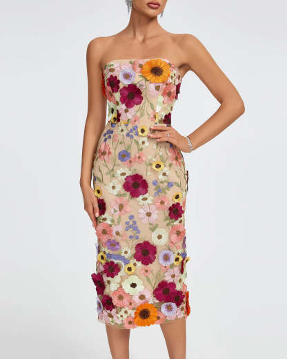 Beige Multicolor Embellished Strapless Floral Applique Summer Date Midi Dress | Mix Mix Style