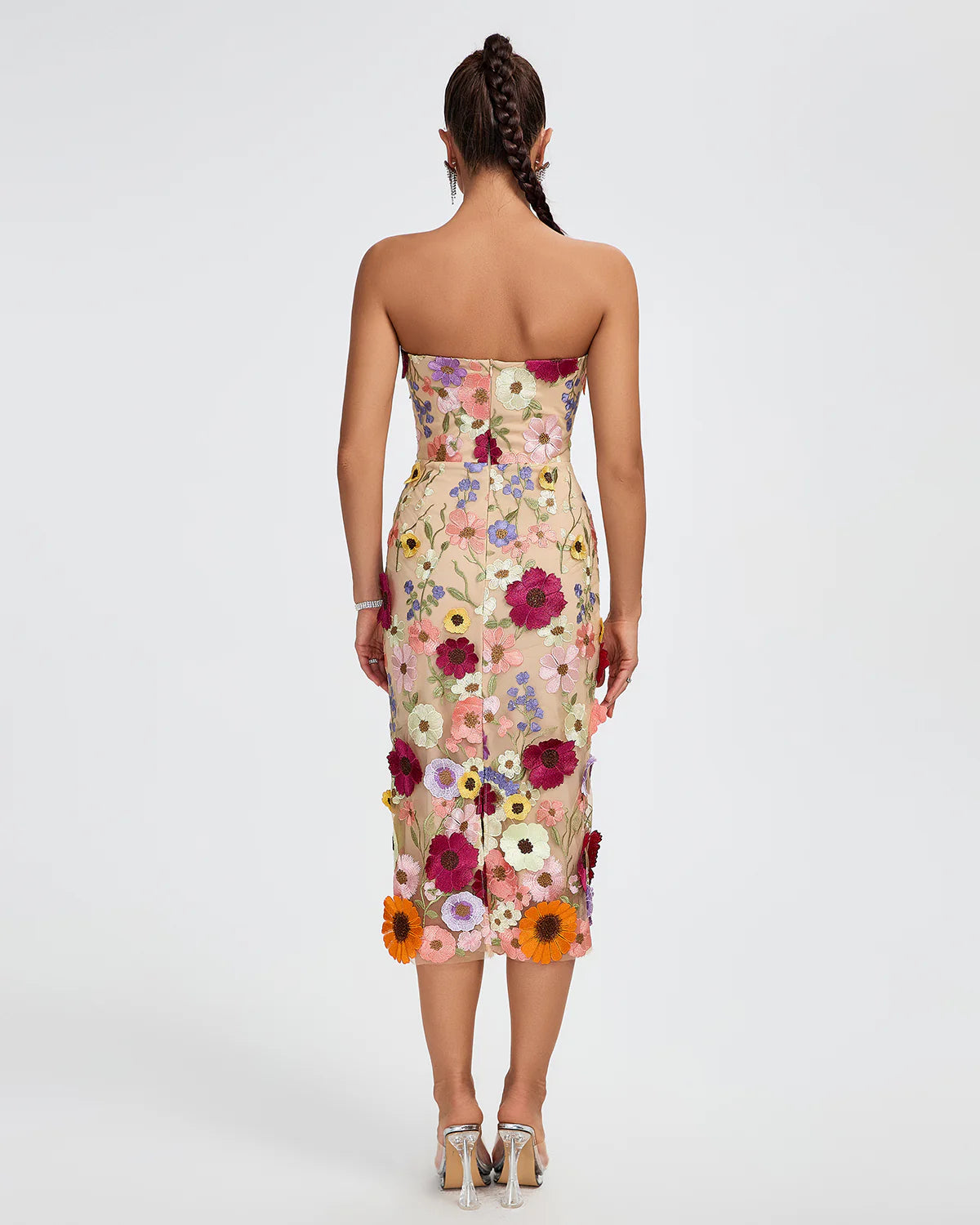 Beige Multicolor Embellished Strapless Floral Applique Summer Date Midi Dress | Mix Mix Style