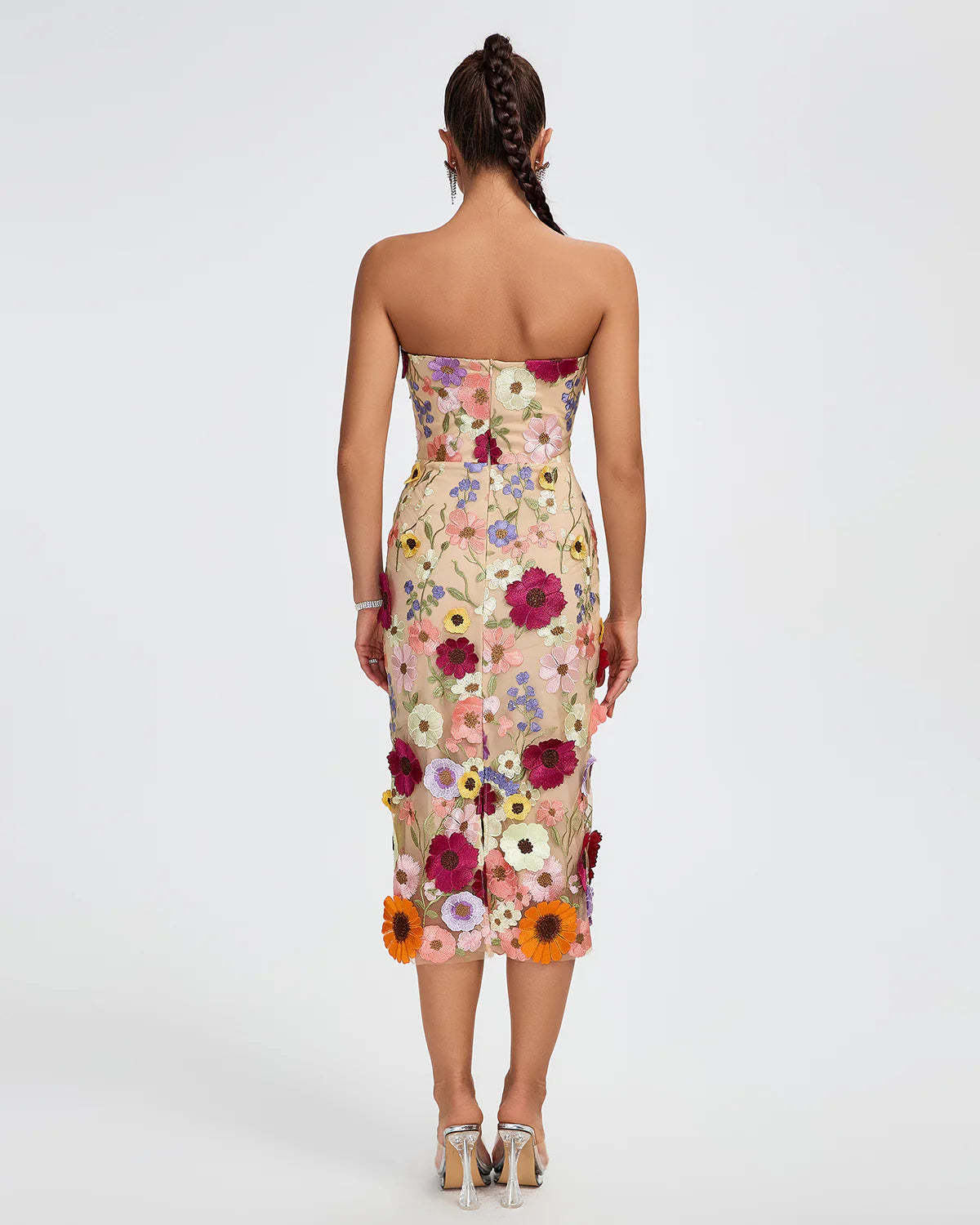 Beige Multicolor Embellished Strapless Floral Applique Summer Date Midi Dress | Mix Mix Style