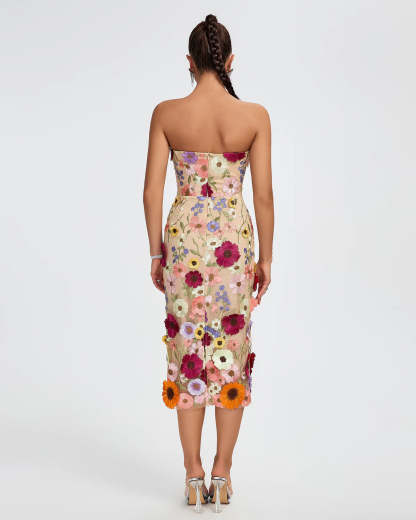 Beige Multicolor Embellished Strapless Floral Applique Summer Date Midi Dress | Mix Mix Style