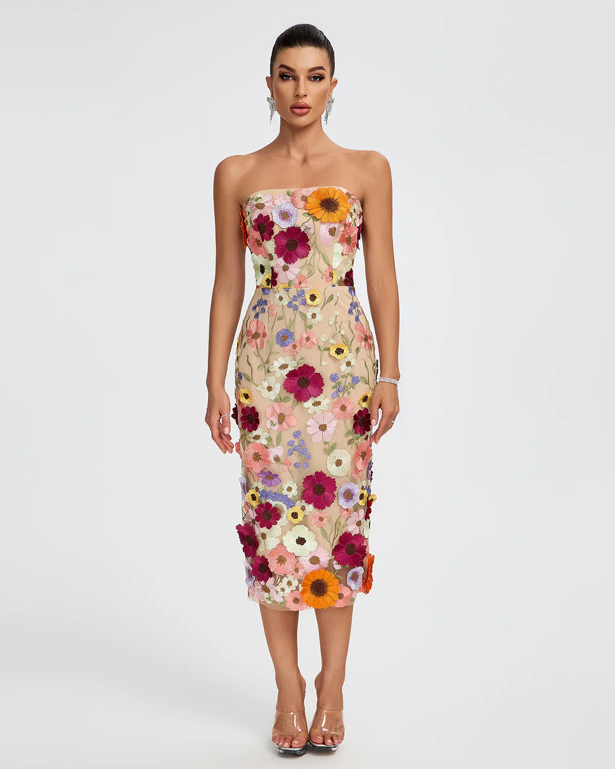 Beige Multicolor Embellished Strapless Floral Applique Summer Date Midi Dress | Mix Mix Style