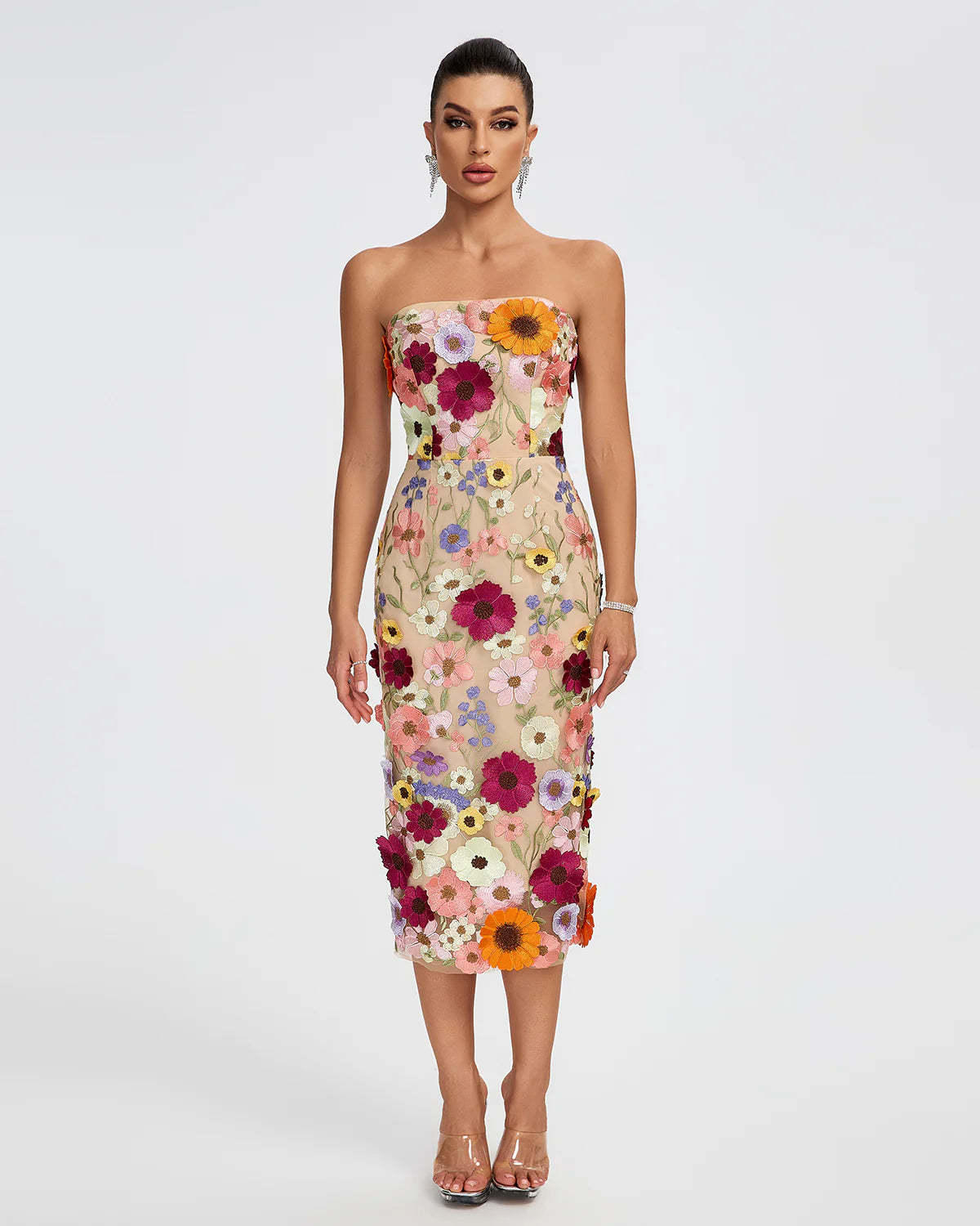 Beige Multicolor Embellished Strapless Floral Applique Summer Date Midi Dress | Mix Mix Style-Mix MIx Style