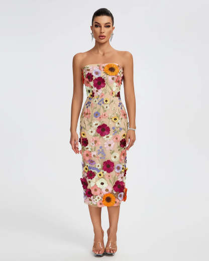 Beige Multicolor Embellished Strapless Floral Applique Summer Date Midi Dress | Mix Mix Style