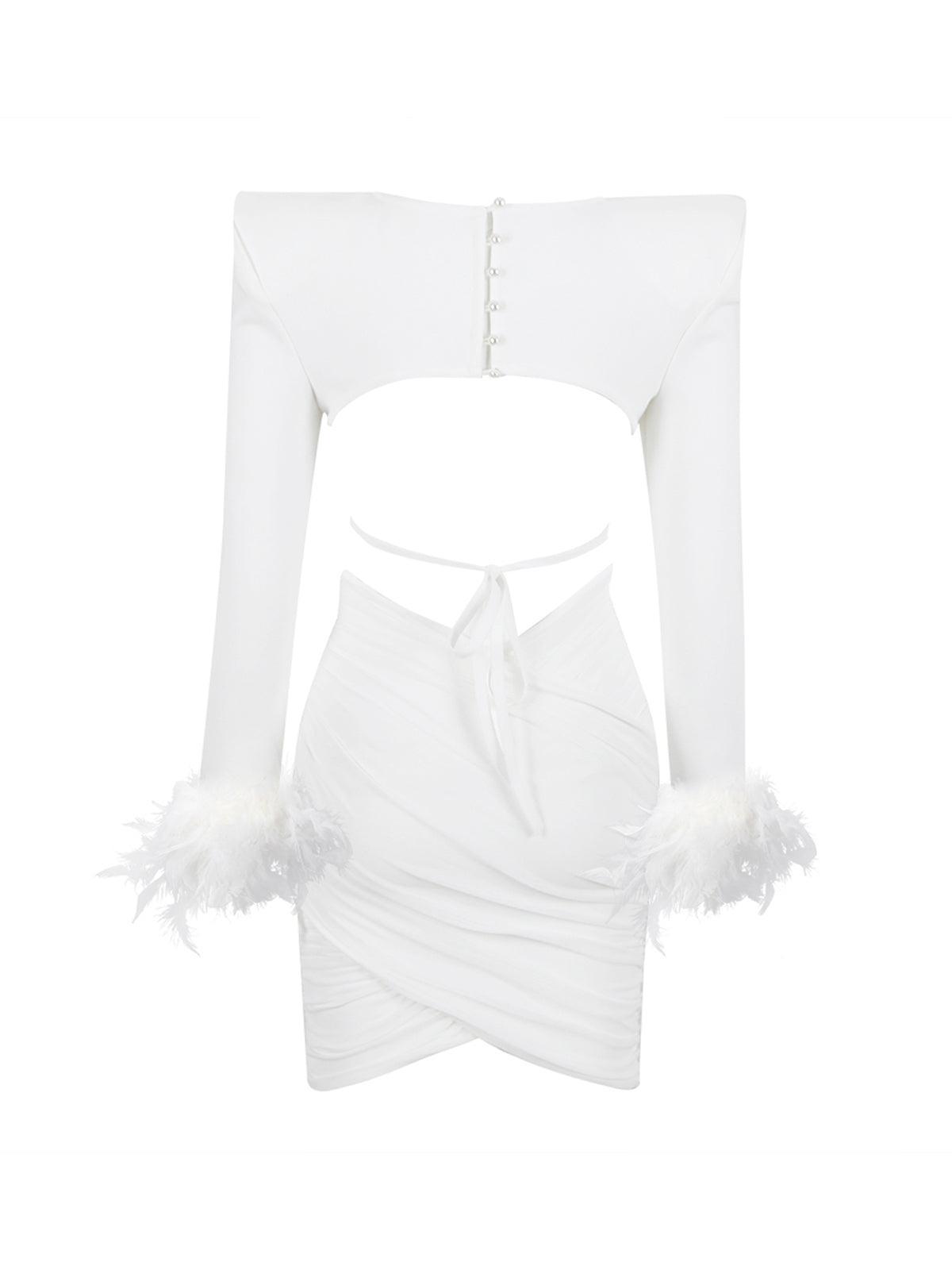 Fauna Long Sleeve Feather Mesh Bandage Set In White-Mix MIx Style