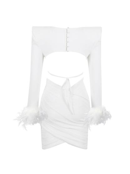 Fauna Long Sleeve Feather Mesh Bandage Set In White-Mix MIx Style