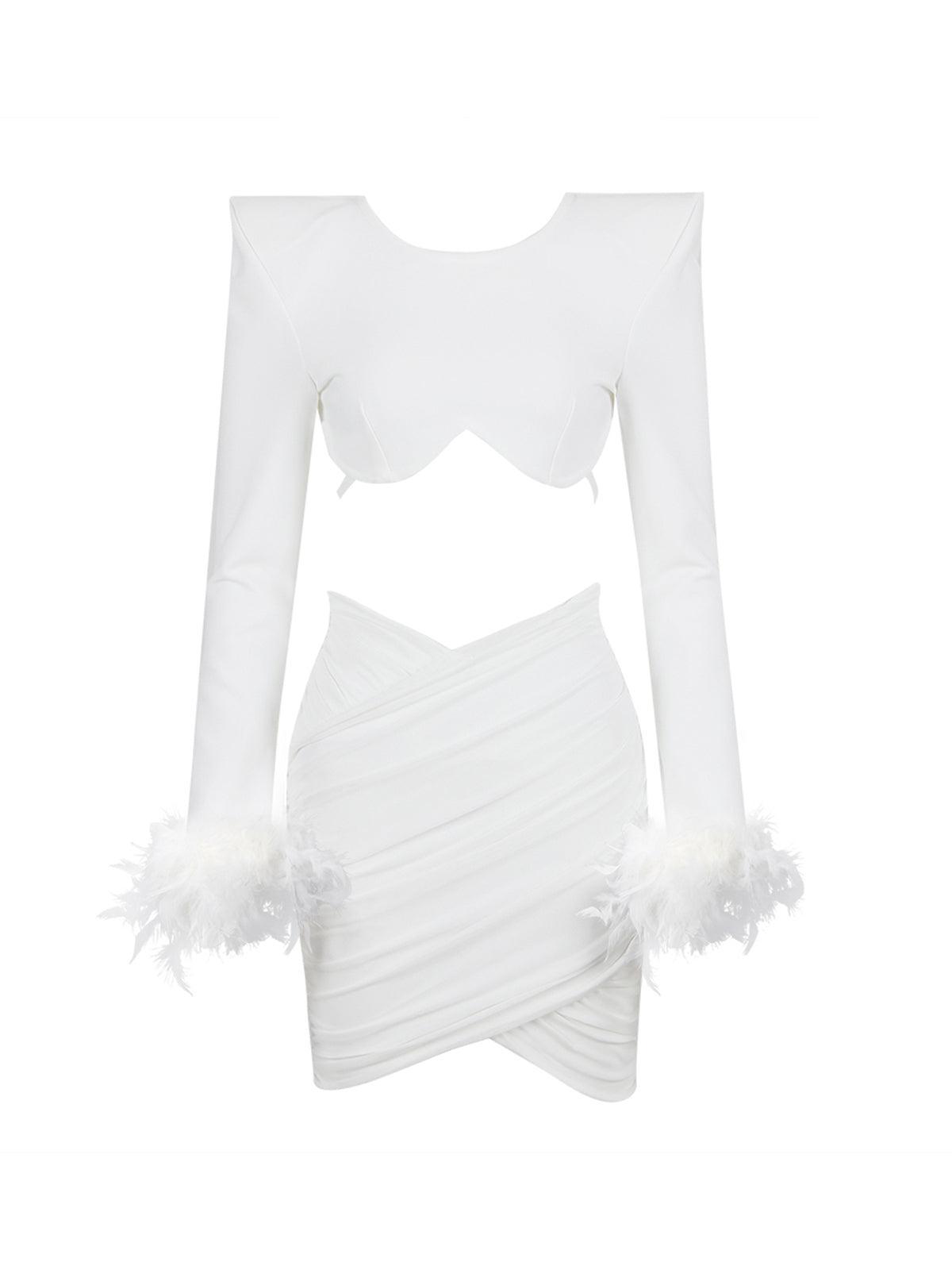 Fauna Long Sleeve Feather Mesh Bandage Set In White-Mix MIx Style