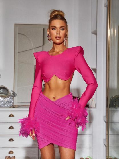 Fauna Long Sleeve Feather Mesh Bandage Set In Hot Pink-Mix MIx Style