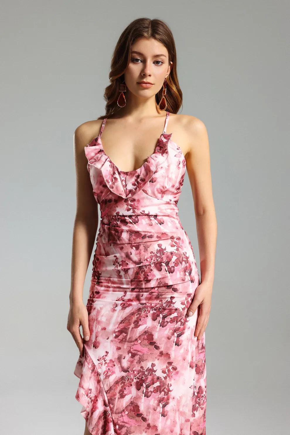 pink v-neck strappy irregular Floral printted Ruffled Skew summer party midi Dress | Mix Mix Style
