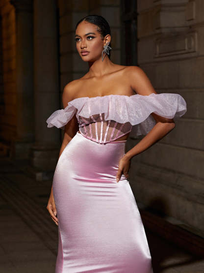 Garnet Off Shoulder Corset Satin Skirt Set-Mix MIx Style
