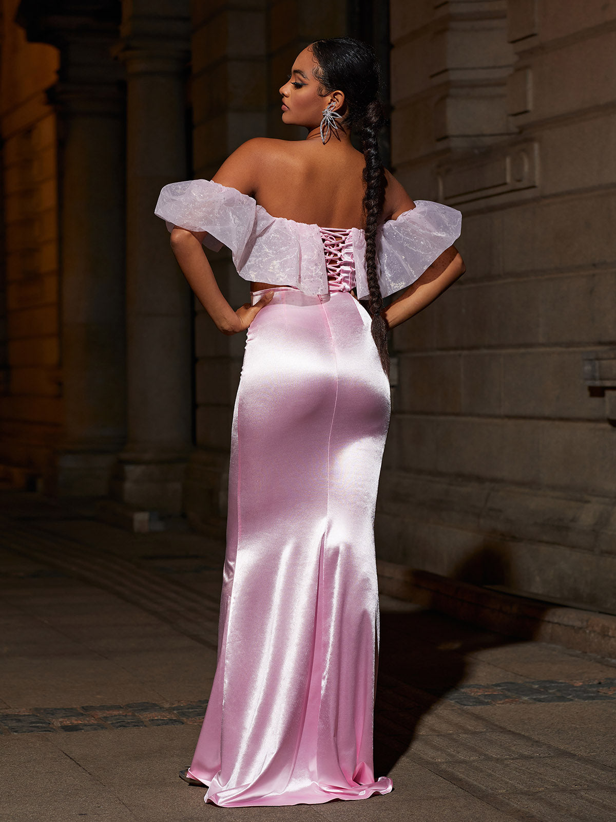 Garnet Off Shoulder Corset Satin Skirt Set-Mix MIx Style