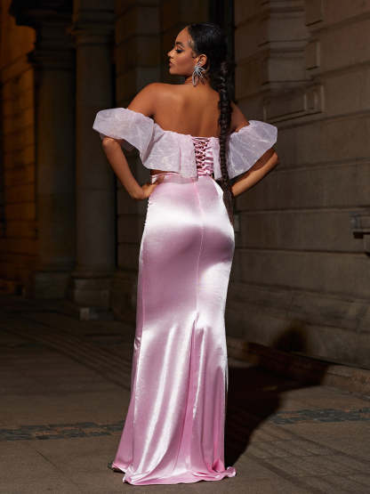 Garnet Off Shoulder Corset Satin Skirt Set-Mix MIx Style
