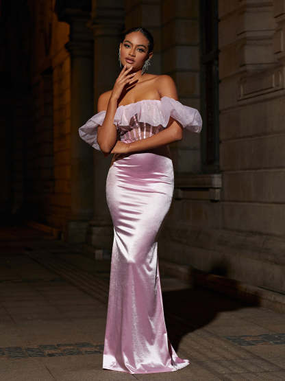 Garnet Off Shoulder Corset Satin Skirt Set-Mix MIx Style