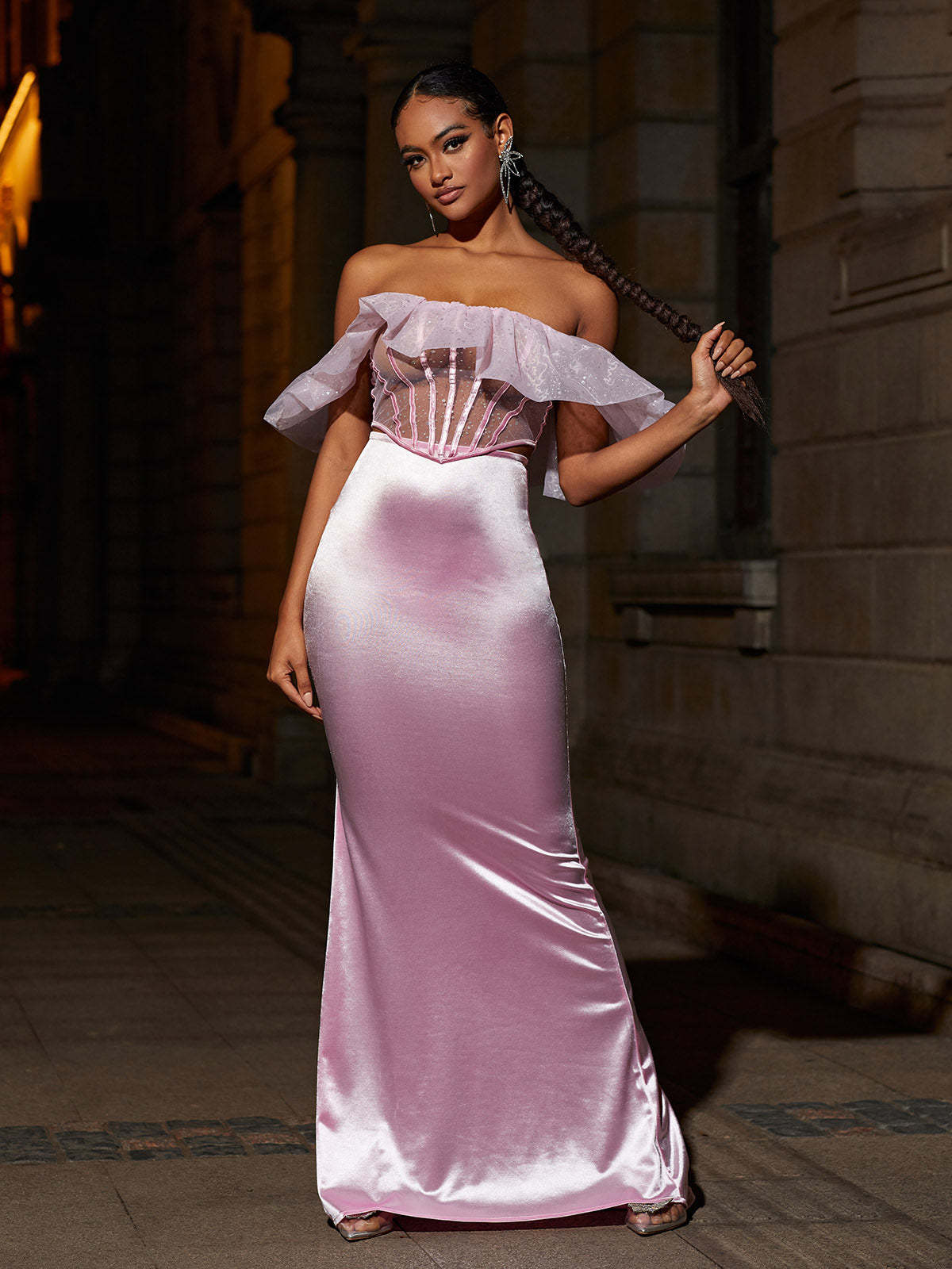 Garnet Off Shoulder Corset Satin Skirt Set-Mix MIx Style