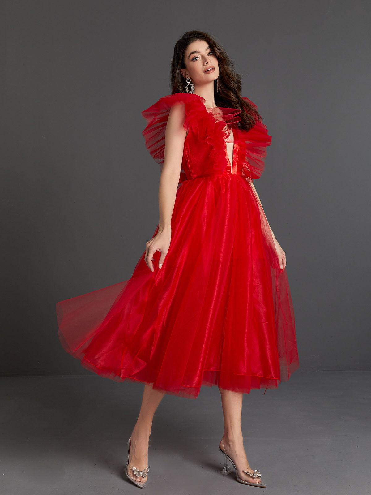 Ghislaine Plunge Tulle Midi Dress-Mix MIx Style