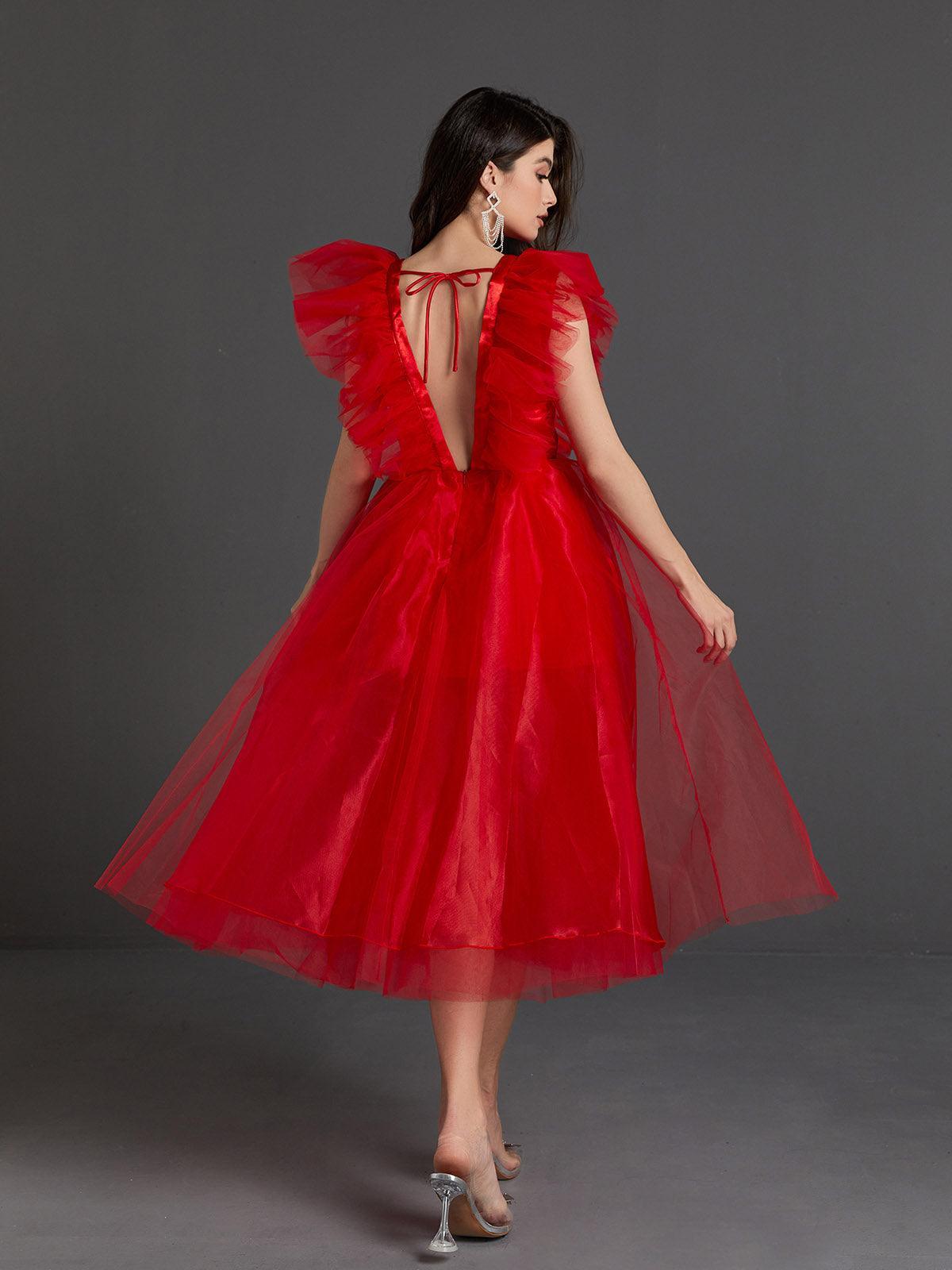 Ghislaine Plunge Tulle Midi Dress-Mix MIx Style