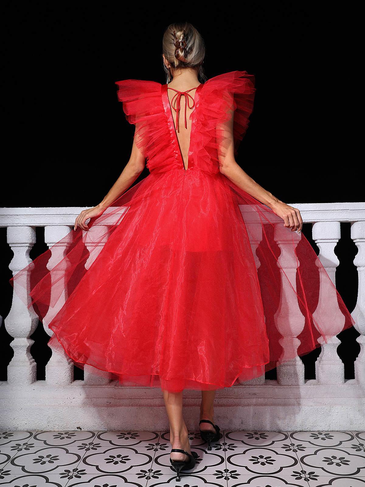 Ghislaine Plunge Tulle Midi Dress-Mix MIx Style