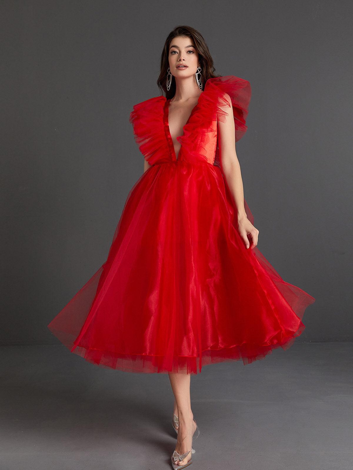 Ghislaine Plunge Tulle Midi Dress-Mix MIx Style