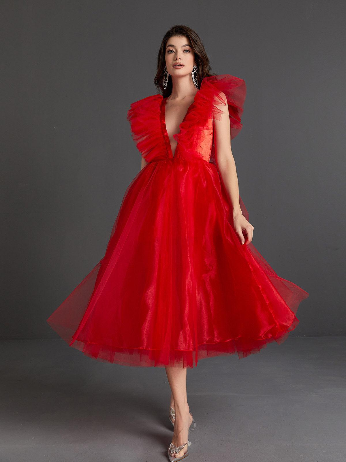 Ghislaine Plunge Tulle Midi Dress-Mix MIx Style
