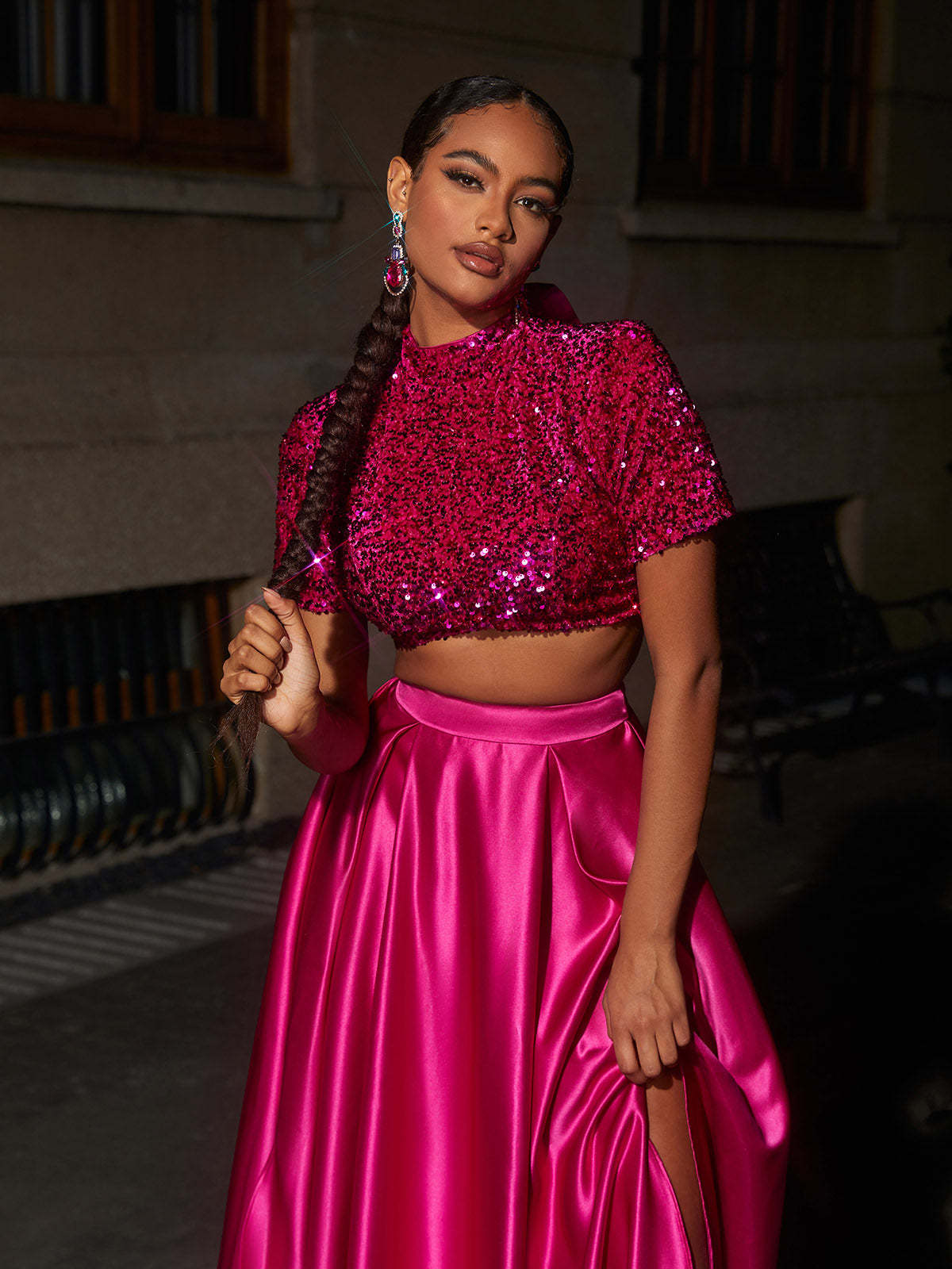 Pink Short Sleeve Split Maxi Skirt Set | Mix Mix Style [Hot Seller]-Mix MIx Style