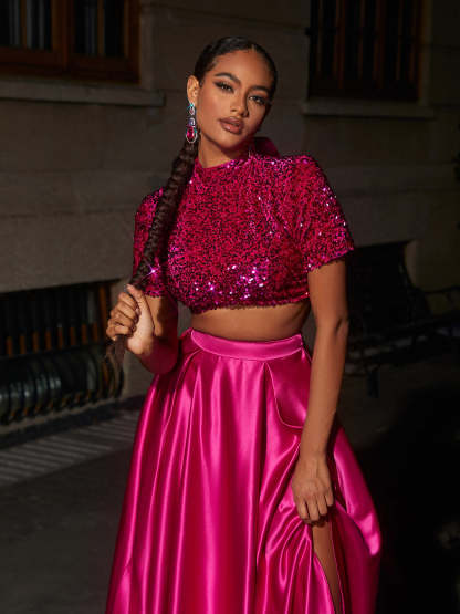 Pink Short Sleeve Split Maxi Skirt Set | Mix Mix Style [Hot Seller]-Mix MIx Style