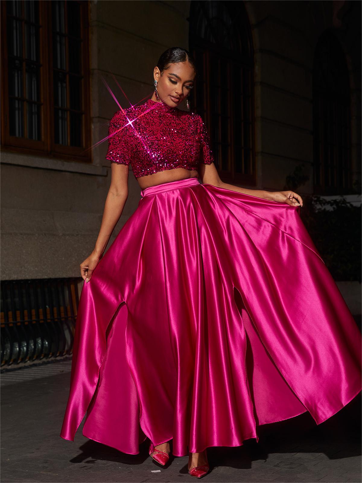 Pink Short Sleeve Split Maxi Skirt Set | Mix Mix Style [Hot Seller]-Mix MIx Style